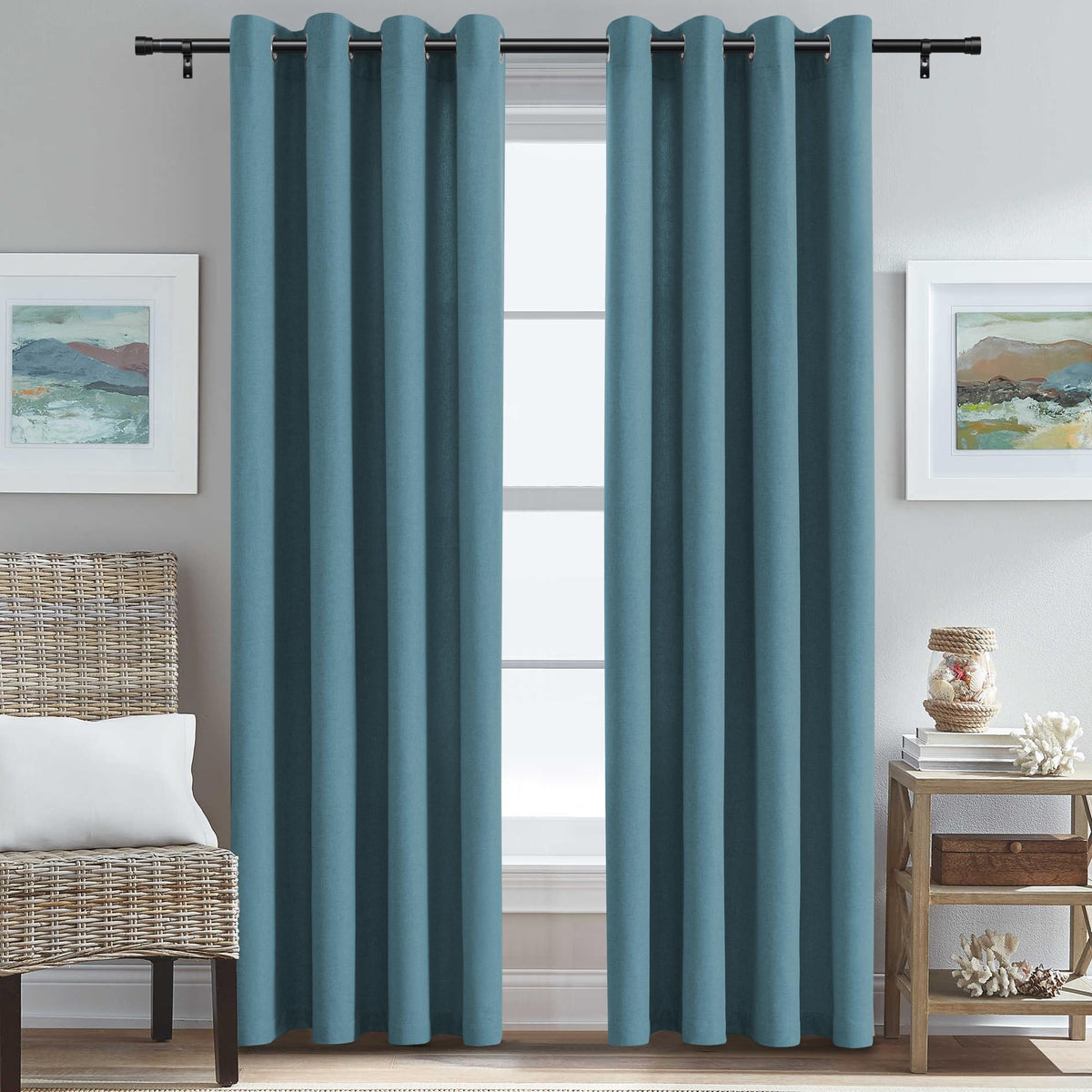 H.VERSAILTEX Grommet Natural Linen Textured Kitchen Curtains 45 inch Length, Thick Faux Linen Room Darkening Window Treatment Set for Farmhouse/Bedroom 52W x 45L,2 Panels,Heather Aqua