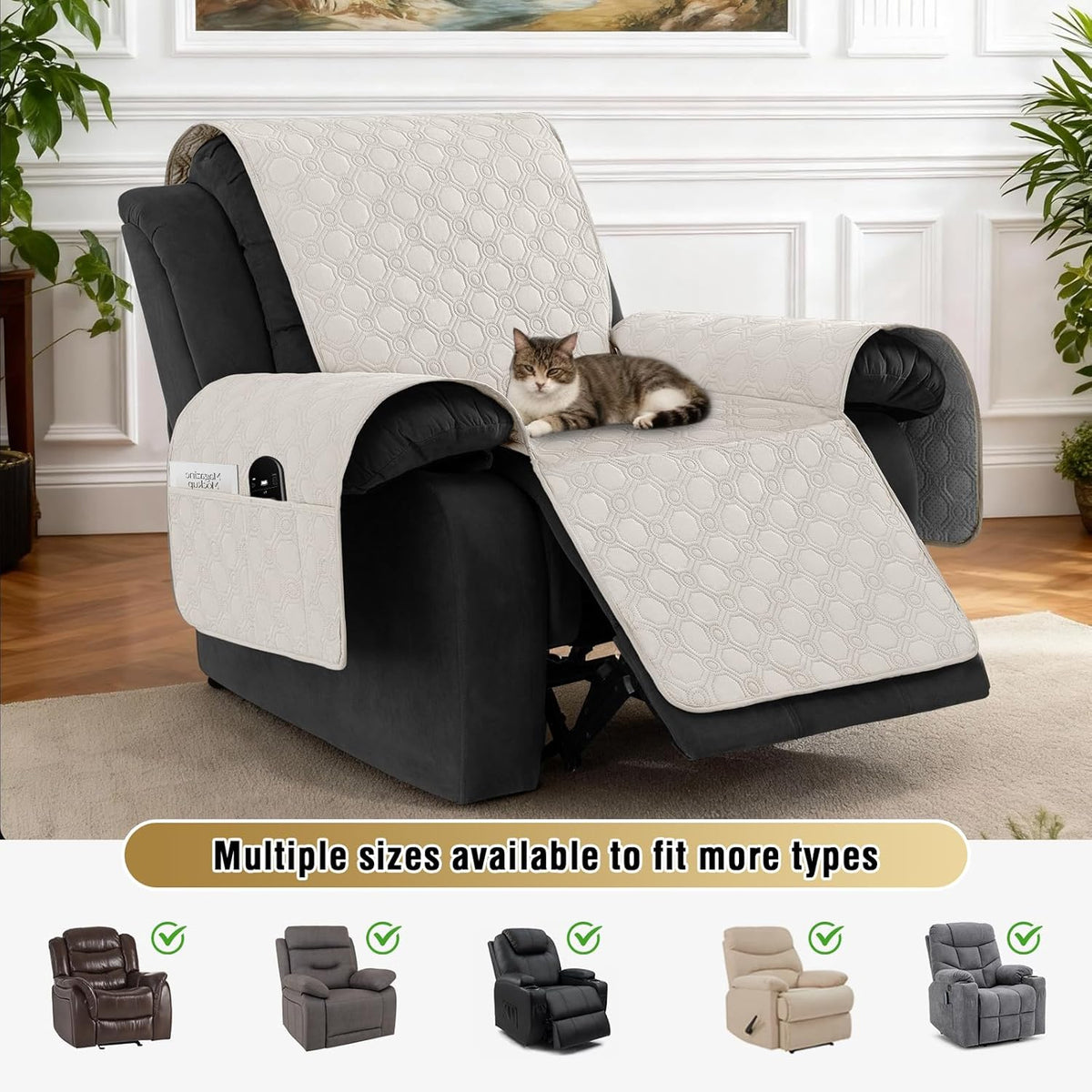 H.VERSAILTEX 100% Waterproof Recliner Chair Covers, Recliner Covers Non-Slip Stay in Place, Thick Cover for Recliner Chair with Pocket, Dog Couch Cover Protector Washable(Beige, 28")