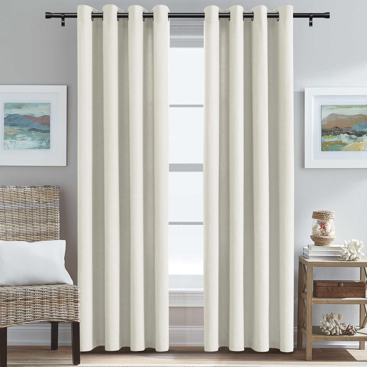 H.VERSAILTEX Grommet Natural Linen Textured Kitchen Curtains 45 inch Length, Thick Faux Linen Room Darkening Window Treatment Set for Farmhouse/Bedroom 52W x 45L,2 Panels,Heather Aqua