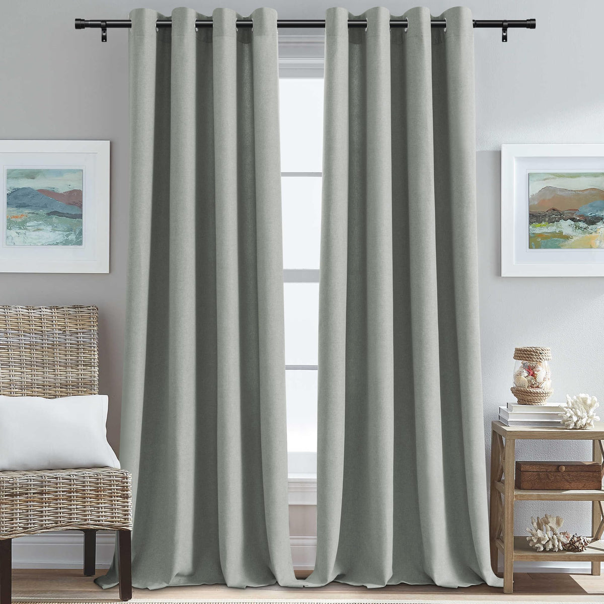 H.VERSAILTEX Grommet Natural Linen Textured Kitchen Curtains 45 inch Length, Thick Faux Linen Room Darkening Window Treatment Set for Farmhouse/Bedroom 52W x 45L,2 Panels,Heather Aqua