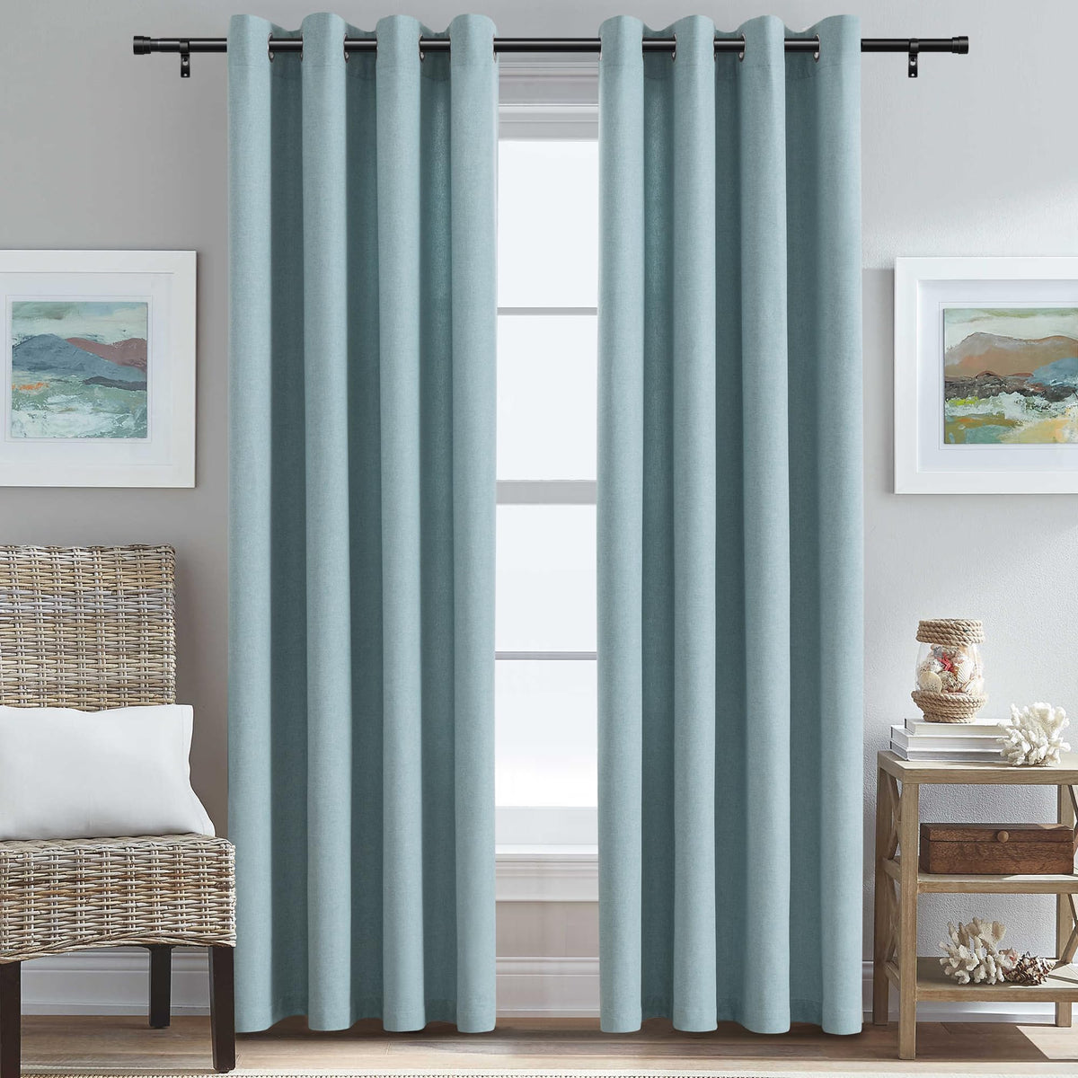 H.VERSAILTEX Grommet Natural Linen Textured Kitchen Curtains 45 inch Length, Thick Faux Linen Room Darkening Window Treatment Set for Farmhouse/Bedroom 52W x 45L,2 Panels,Heather Aqua