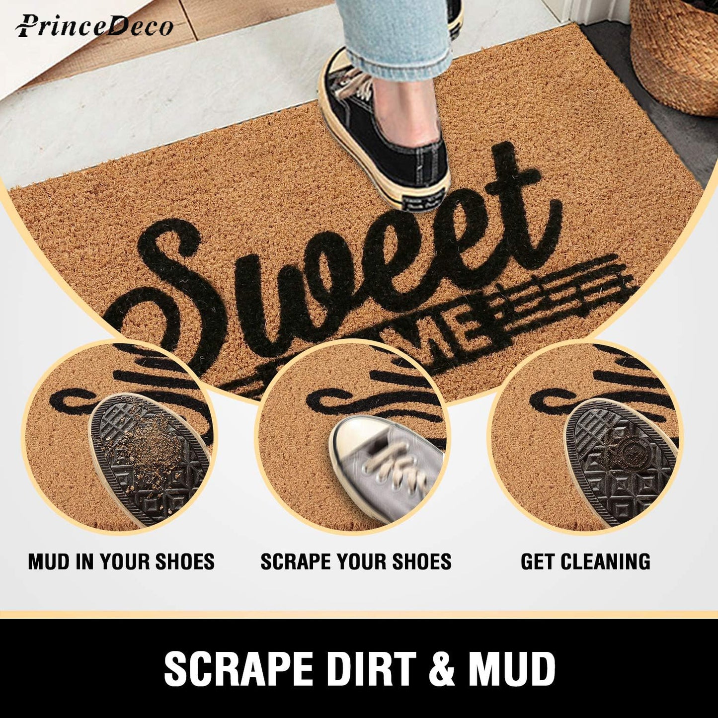 Prince Deco Doormats for Outside Entry | Natural Coco Coir Mats for Front Door | Premium Durable Outside Door Mats Heavy-Duty with Rubber Backing, Easily Captures Moisture/Dirt, 16" x 24"