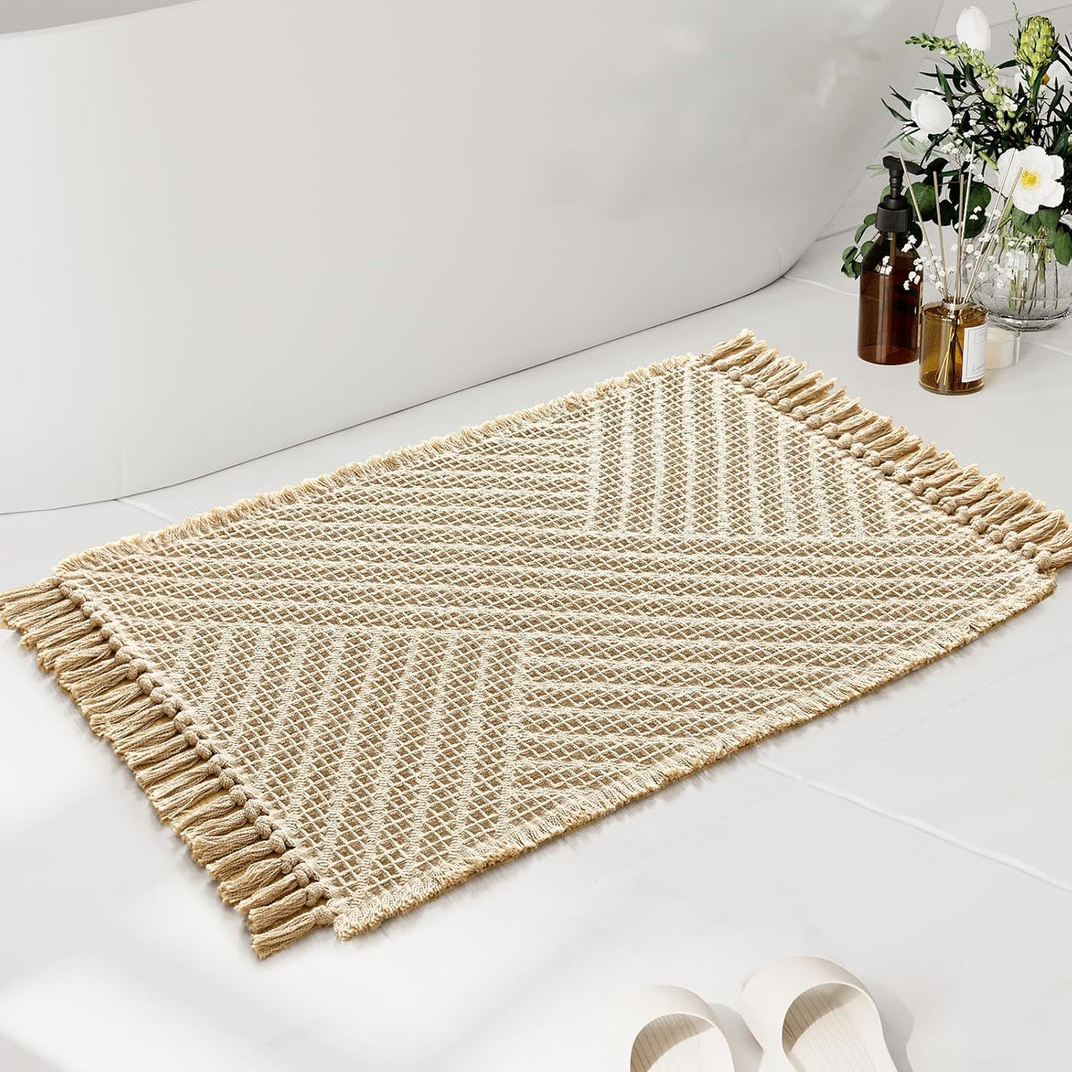 H.VERSAILTEX Waffle Boho Bath Mat – Super Absorbent, Non-Slip & Quick Dry