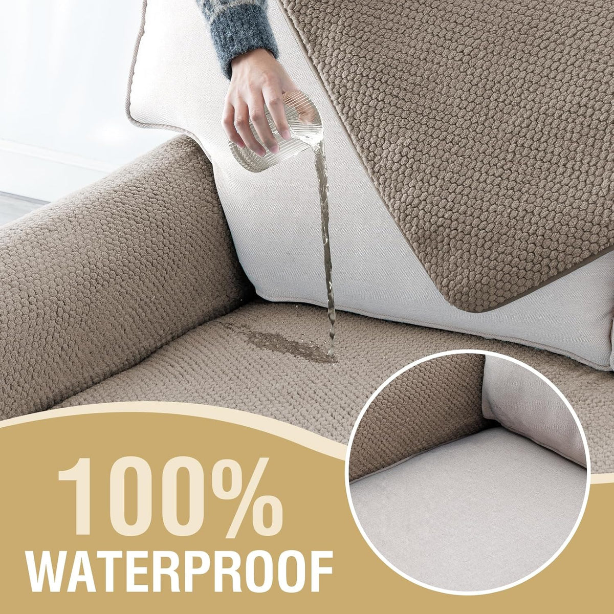 H.VERSAILTEX Waterproof Couch Cover Plush Sofa Cover with Strap Soft Anti Slip Sofa Slipcovers for 2 Cushion Couch Loveseat Couch Protector Cover for Dogs Cats Kids,36x48'',Khaki