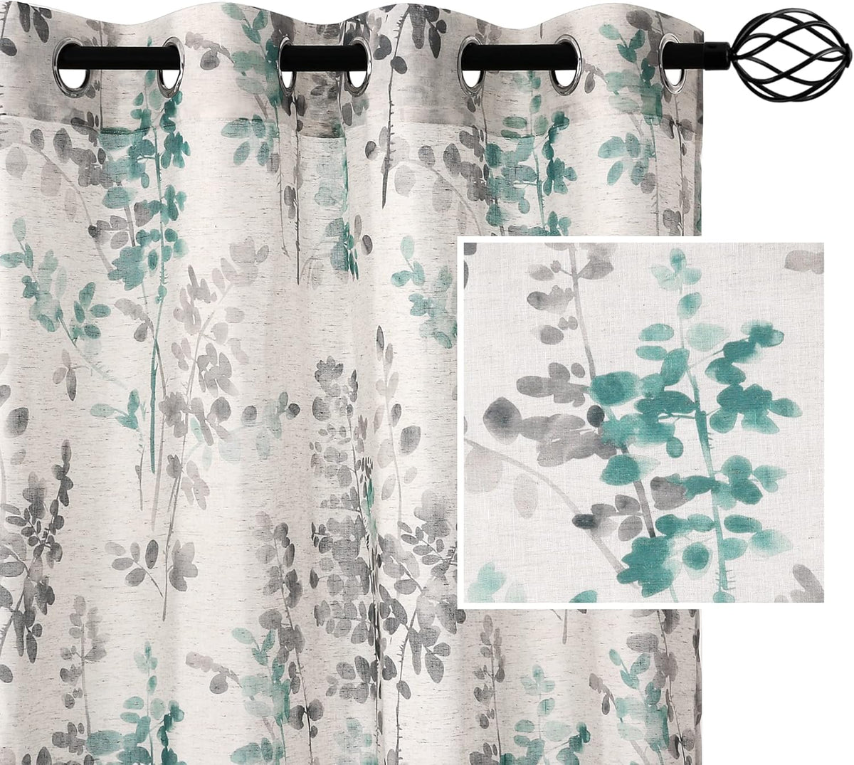 h.versailtx teal and gray botanical floral sheer linen curtain