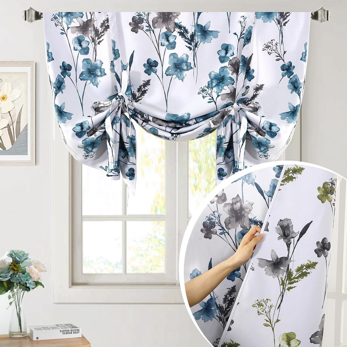 H.VERSAILTEX Tie Up Curtain Double Sided Cattleya Floral Printed Window Valance Balloon Roman Curtain, Rod Pocket - Reversible in Blue/Coral - W 42 x L 36