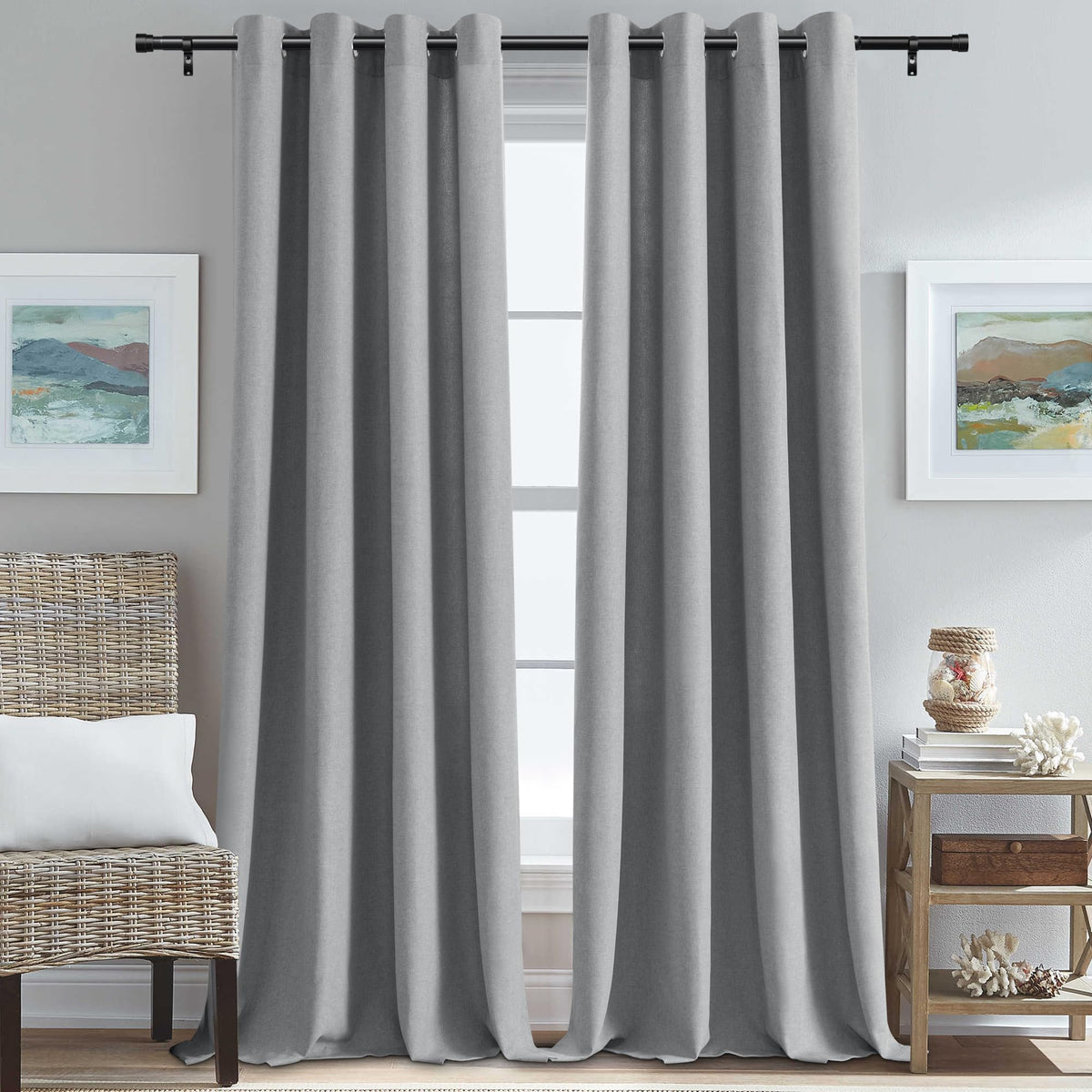 H.VERSAILTEX Grommet Natural Linen Textured Kitchen Curtains 45 inch Length, Thick Faux Linen Room Darkening Window Treatment Set for Farmhouse/Bedroom 52W x 45L,2 Panels,Heather Aqua