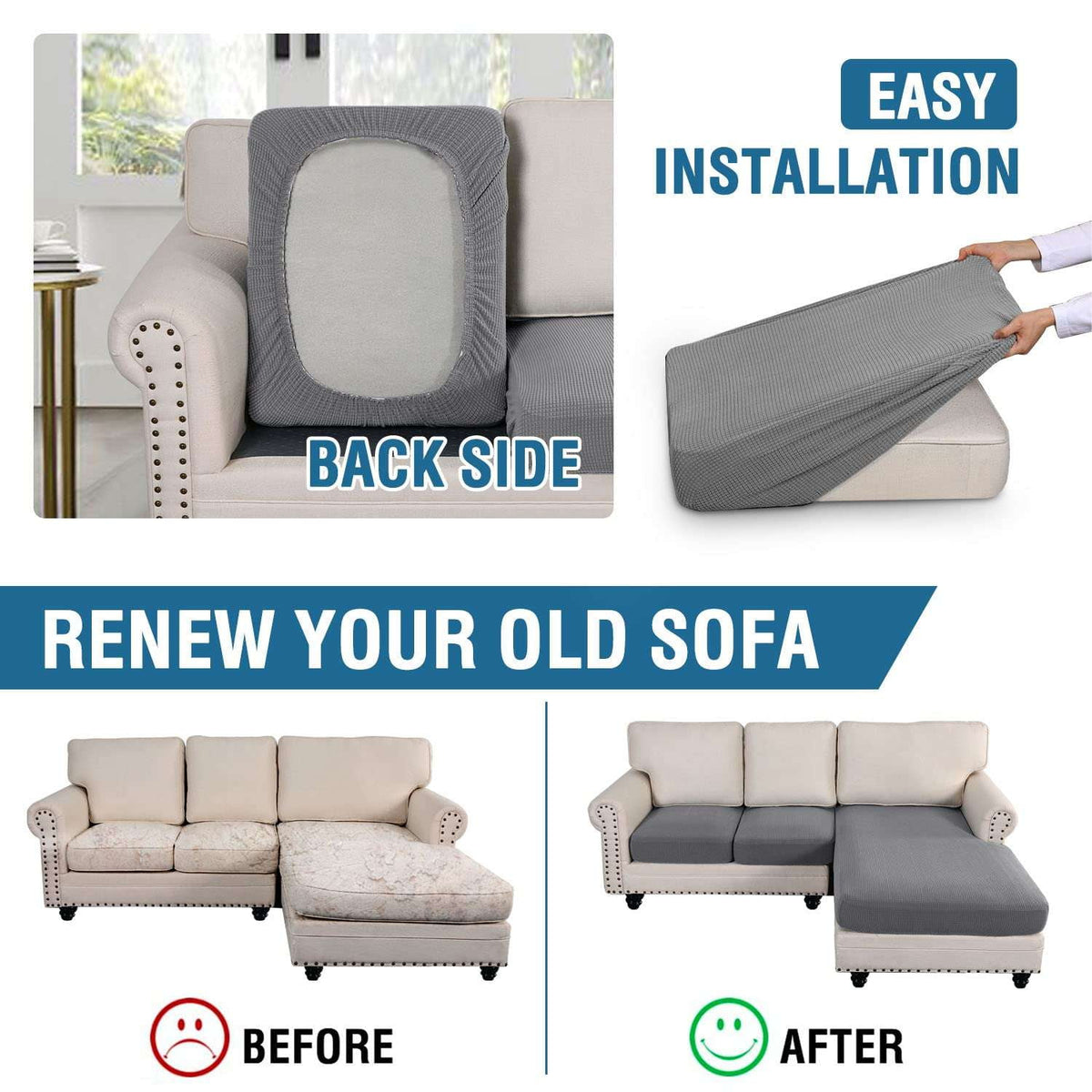 Turquoize 3-Piece Separate Slipcovers Textured Grid Stretch Non-Slip L Shape Sofa Seat Covers for Both Left/Right Sectional Couch (Seat Only: 1 Chaise + 2 Sofa,Dove）