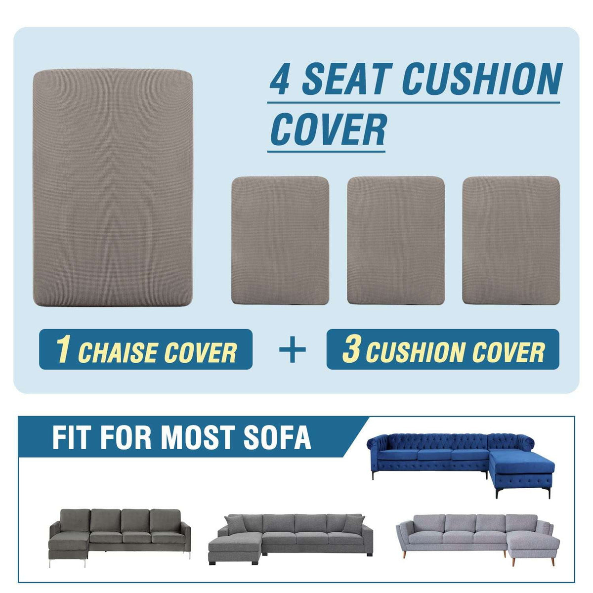 Turquoize 4-Piece Separate Slipcovers Textured Grid Polyester Blend Sectional Couch Sofa Covers for Left/Right L Shape Chaise Lounge Sofa,Taupe 3 Seater + 1 Chaise