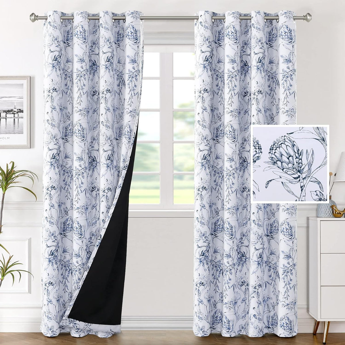 H.VERSAILTEX 100% Blackout Curtains for Living Room Camellia Floral 84 Inches Long Light Blocking Window Treatment with Black Liner Grommet Thermal Drapes, 2 Panels, Grey