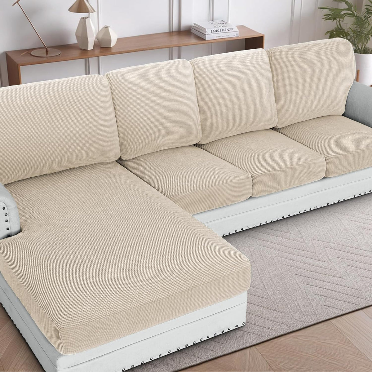 H.VERSAILTEX Sectional Couch Covers 1 Piece Chaise Slipcover L Shape Separate Cushion Couch Cover for Both Left/Right Sectional Couch (Seat Only: 1 Chaises, Ivory)