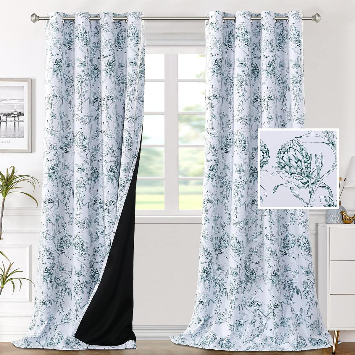 H.VERSAILTEX 100% Blackout Curtains for Living Room Camellia Floral 84 Inches Long Light Blocking Window Treatment with Black Liner Grommet Thermal Drapes, 2 Panels, Grey