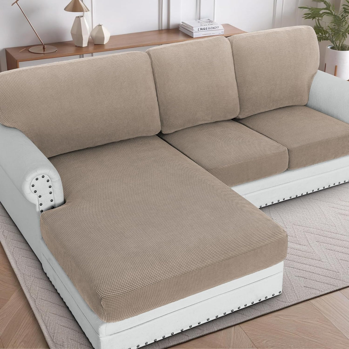 H.VERSAILTEX Sectional Couch Covers 1 Piece Chaise Slipcover L Shape Separate Cushion Couch Cover for Both Left/Right Sectional Couch (Seat Only: 1 Chaises, Ivory)