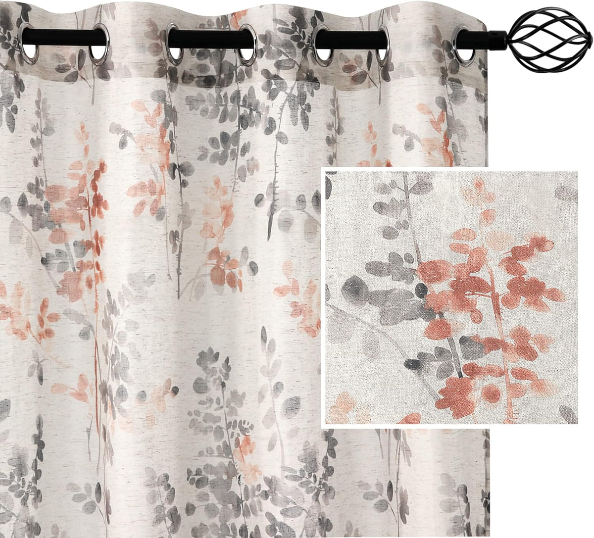 h.versailtx coral and gray botanical floral sheer linen curtain