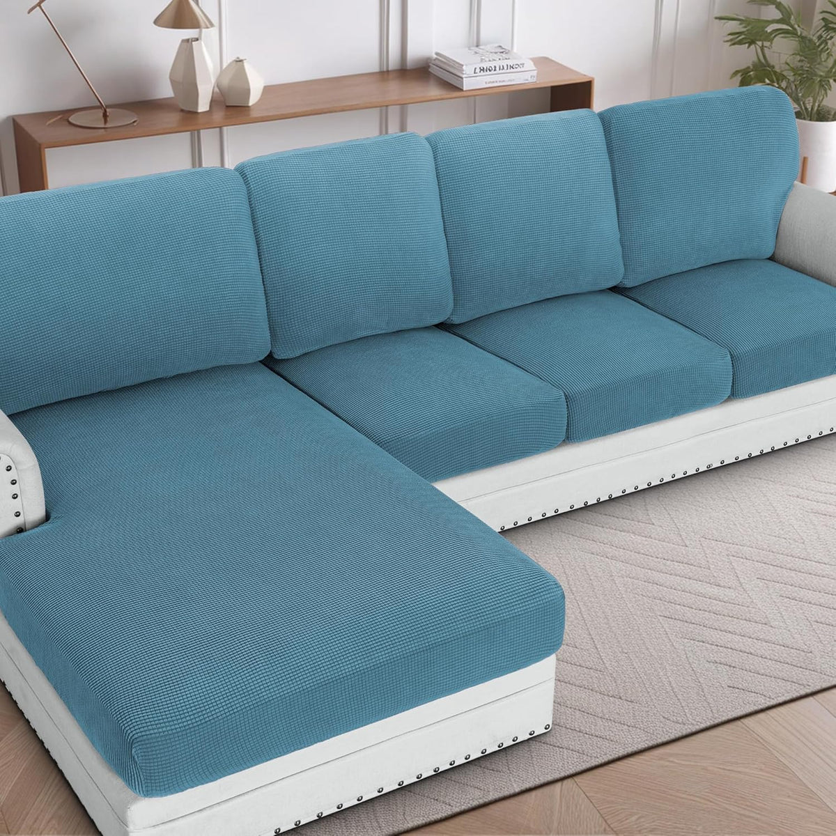 H.VERSAILTEX Sectional Couch Covers 1 Piece Chaise Slipcover L Shape Separate Cushion Couch Cover for Both Left/Right Sectional Couch (Seat Only: 1 Chaises, Ivory)