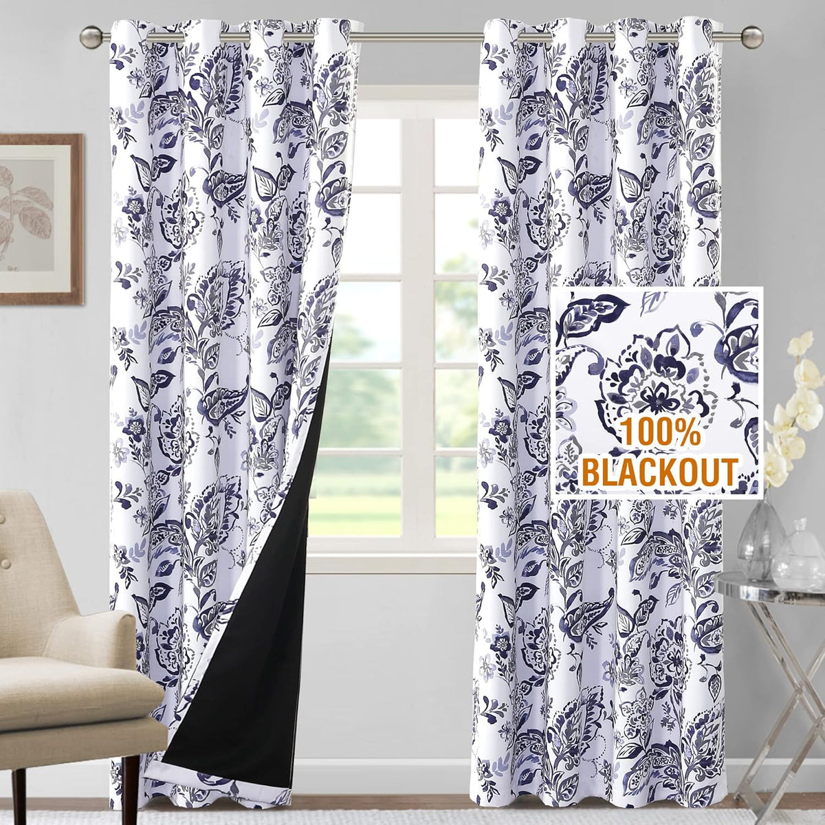 H.VERSAILTEX 100% Blackout Curtains for Living Room Camellia Floral 84 Inches Long Light Blocking Window Treatment with Black Liner Grommet Thermal Drapes, 2 Panels, Grey