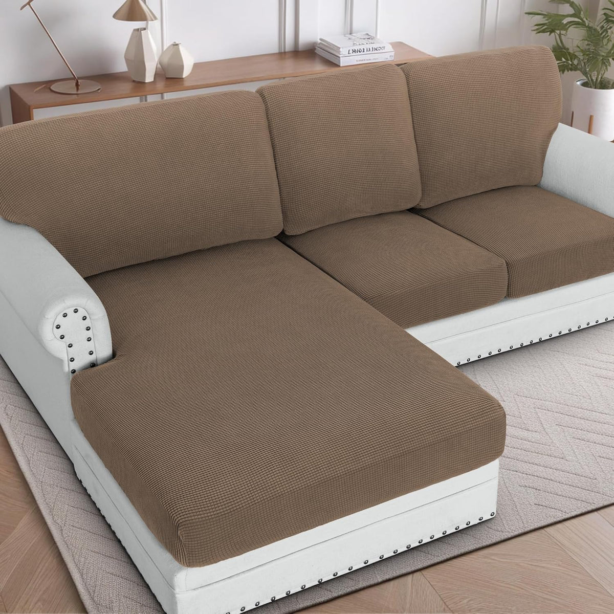 H.VERSAILTEX Sectional Couch Covers 1 Piece Chaise Slipcover L Shape Separate Cushion Couch Cover for Both Left/Right Sectional Couch (Seat Only: 1 Chaises, Ivory)