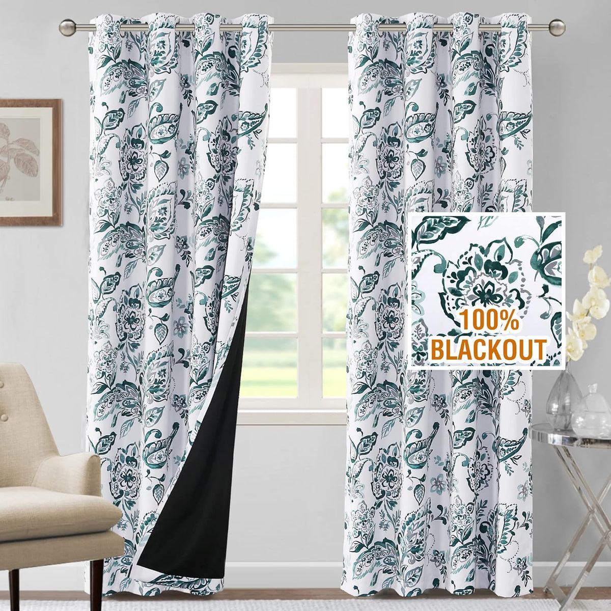 H.VERSAILTEX 100% Blackout Curtains for Living Room Camellia Floral 84 Inches Long Light Blocking Window Treatment with Black Liner Grommet Thermal Drapes, 2 Panels, Grey