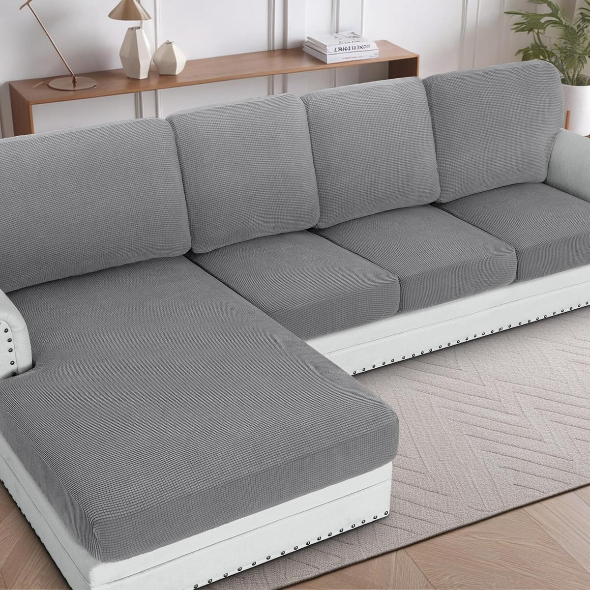 H.VERSAILTEX Sectional Couch Covers 1 Piece Chaise Slipcover L Shape Separate Cushion Couch Cover for Both Left/Right Sectional Couch (Seat Only: 1 Chaises, Ivory)