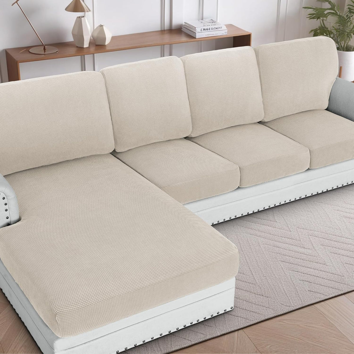 H.VERSAILTEX Sectional Couch Covers 1 Piece Chaise Slipcover L Shape Separate Cushion Couch Cover for Both Left/Right Sectional Couch (Seat Only: 1 Chaises, Ivory)