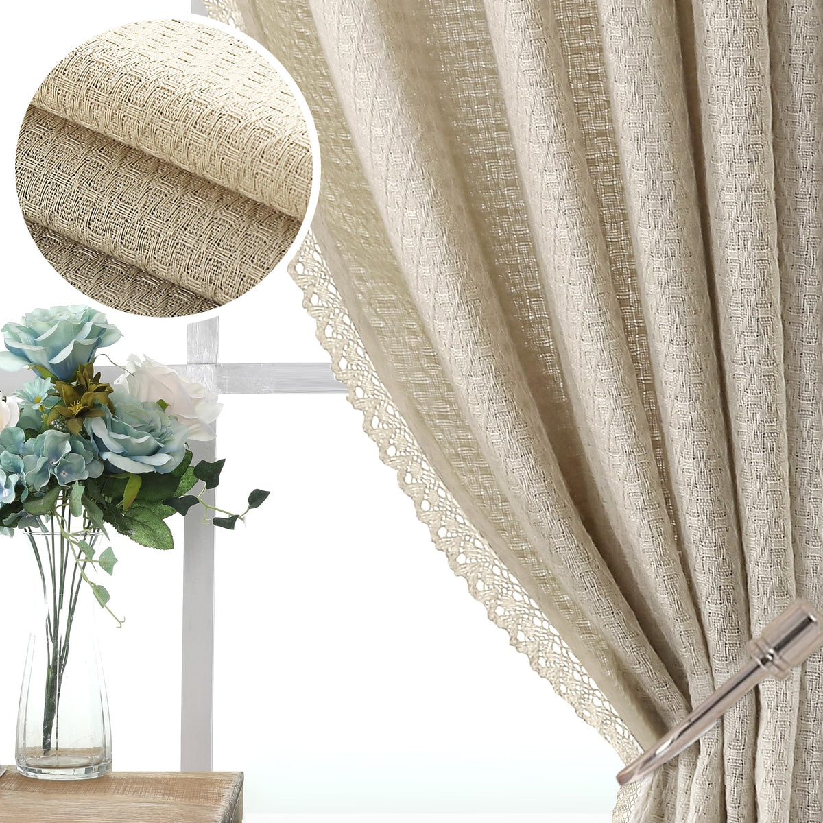H.VERSAILTEX Boho Linen Curtain Light Filtering Back Tab, Set of 2 Panels