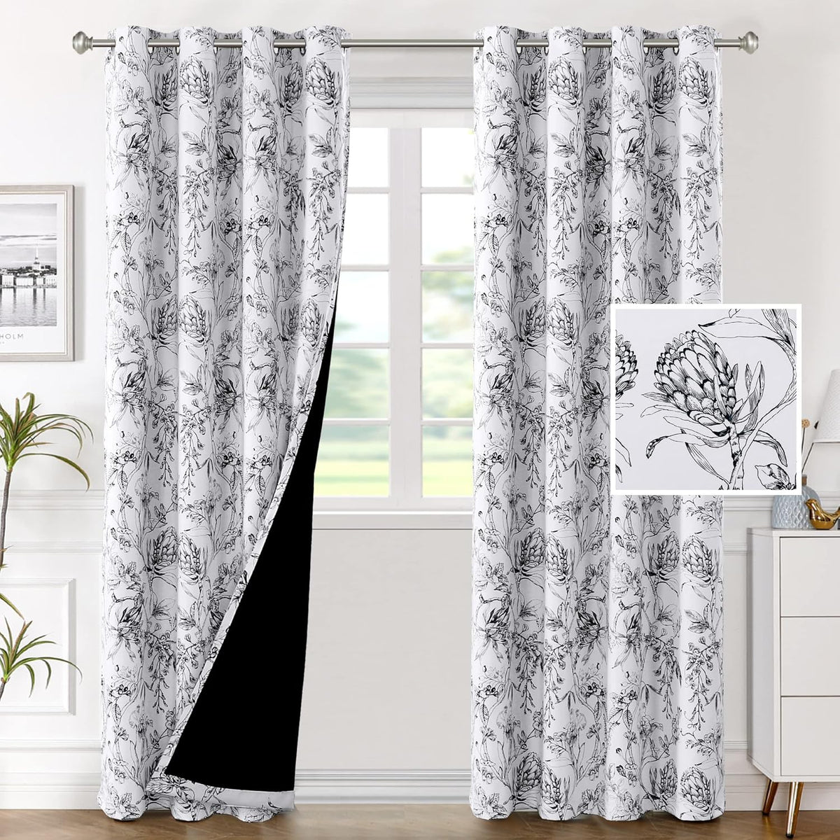 H.VERSAILTEX 100% Blackout Curtains for Living Room Camellia Floral 84 Inches Long Light Blocking Window Treatment with Black Liner Grommet Thermal Drapes, 2 Panels, Grey