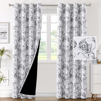 H.VERSAILTEX 100% Blackout Curtains for Living Room Camellia Floral 84 Inches Long Light Blocking Window Treatment with Black Liner Grommet Thermal Drapes, 2 Panels, Grey