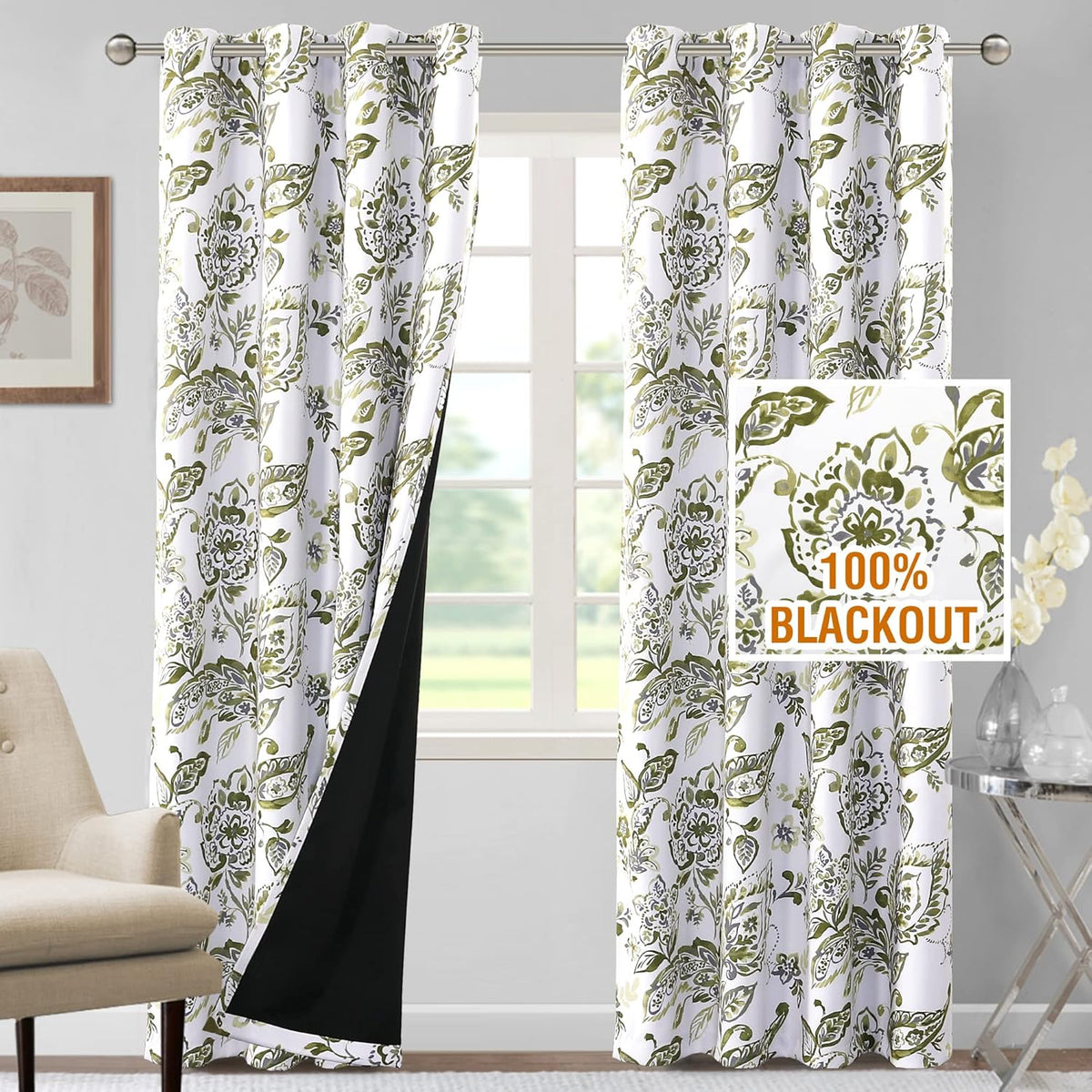 H.VERSAILTEX 100% Blackout Curtains for Living Room Camellia Floral 84 Inches Long Light Blocking Window Treatment with Black Liner Grommet Thermal Drapes, 2 Panels, Grey