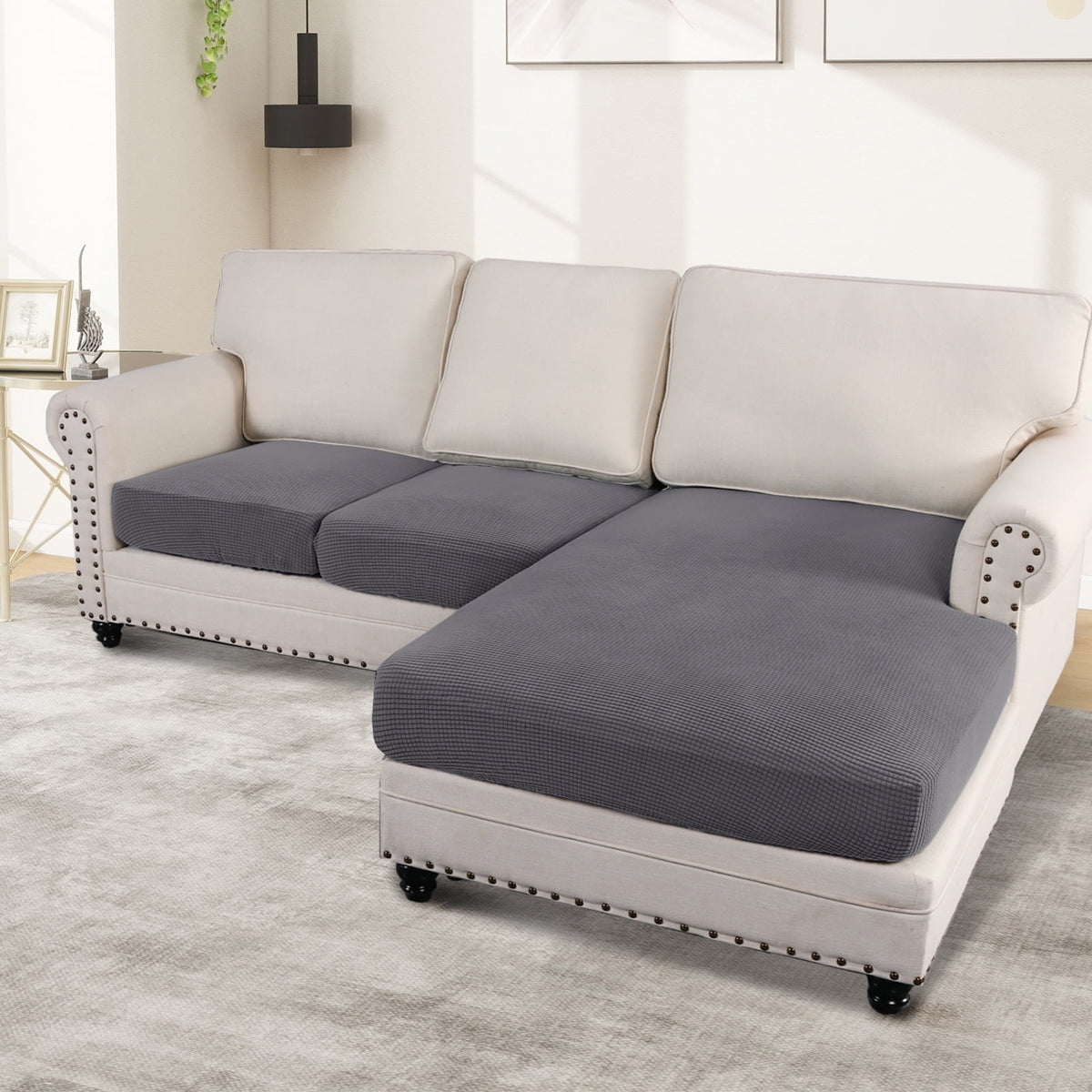 Turquoize 3-Piece Separate Slipcovers Textured Grid Stretch Non-Slip L Shape Sofa Seat Covers for Both Left/Right Sectional Couch (Seat Only: 1 Chaise + 2 Sofa,Dove）