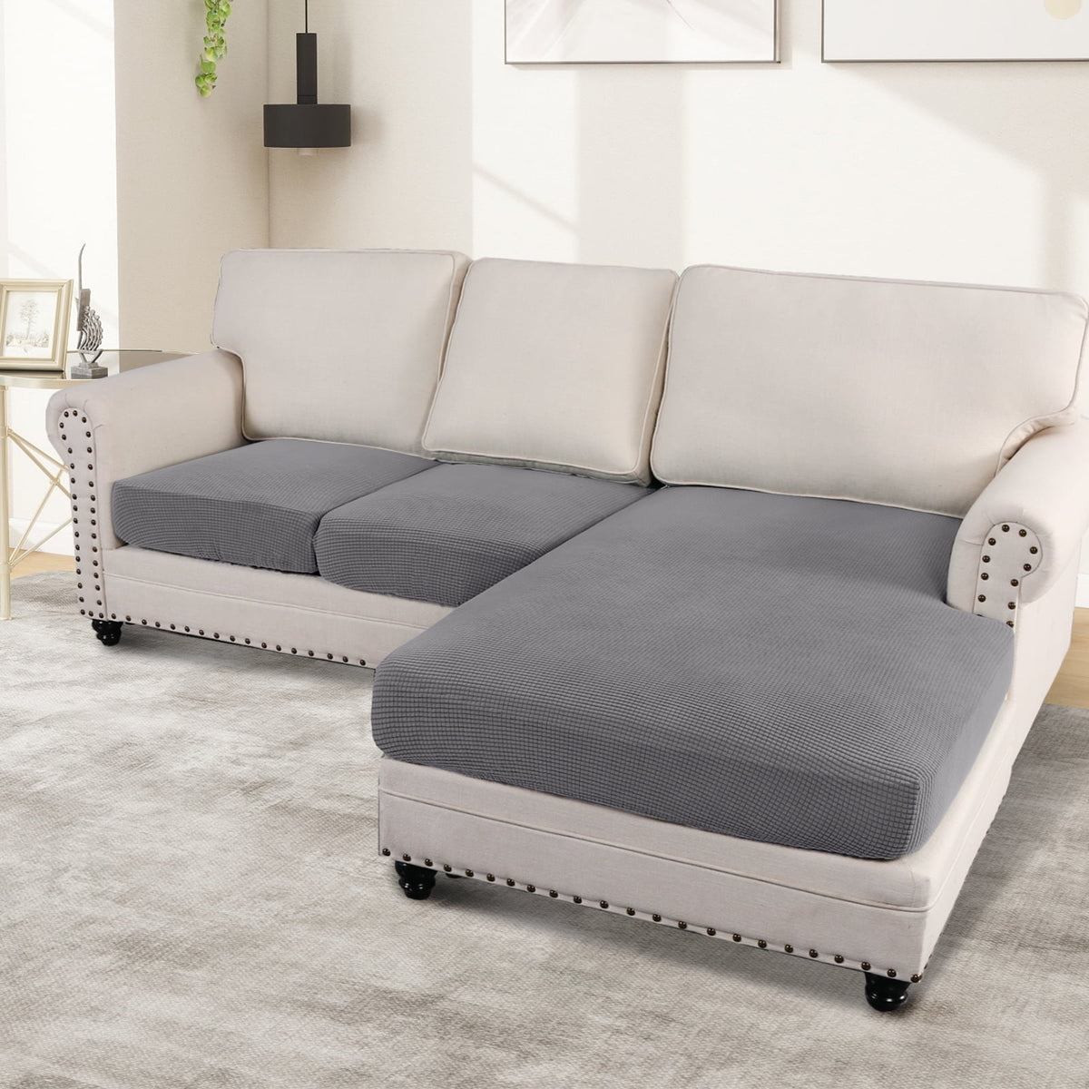 Turquoize 3-Piece Separate Slipcovers Textured Grid Stretch Non-Slip L Shape Sofa Seat Covers for Both Left/Right Sectional Couch (Seat Only: 1 Chaise + 2 Sofa,Dove）