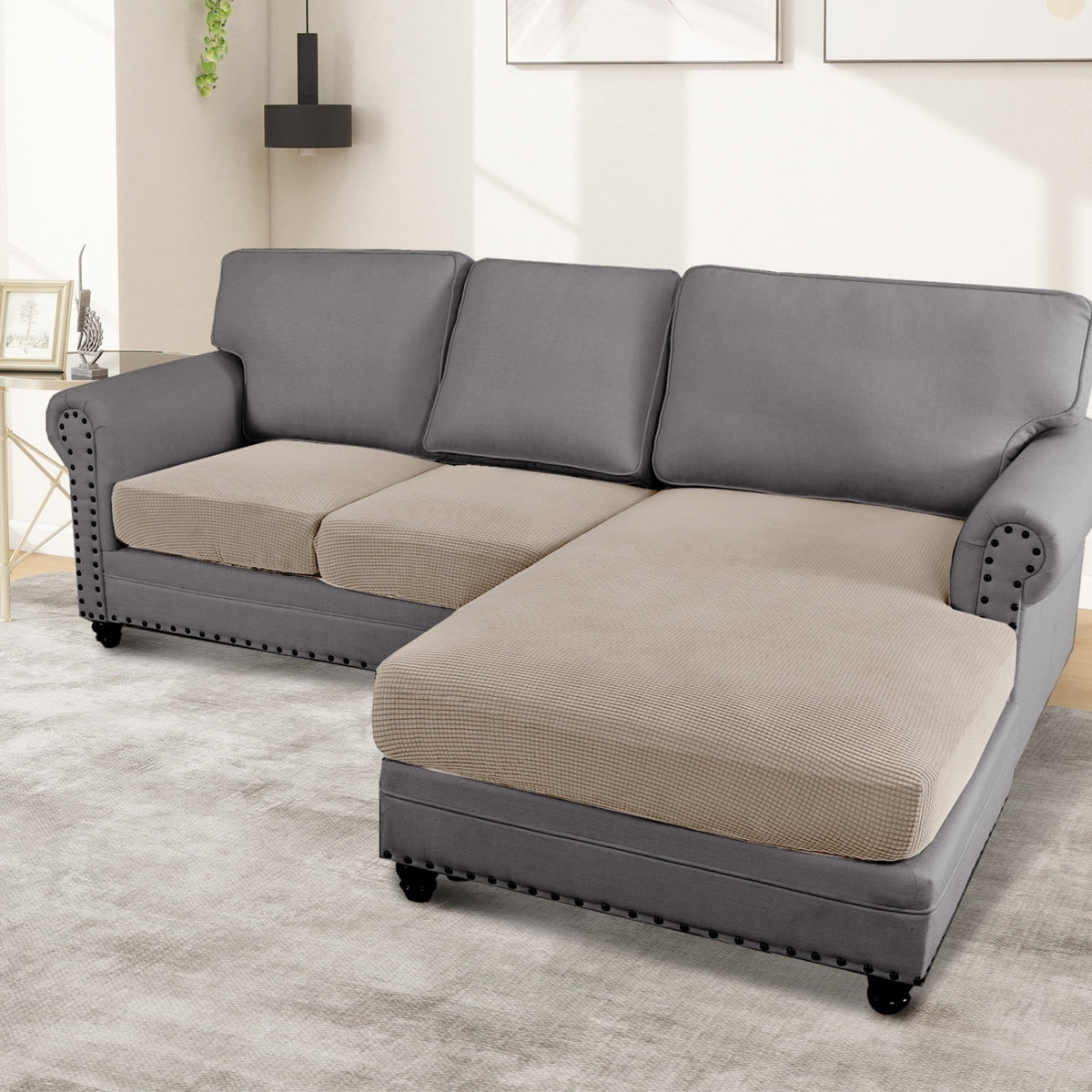 Turquoize 3-Piece Separate Slipcovers Textured Grid Stretch Non-Slip L Shape Sofa Seat Covers for Both Left/Right Sectional Couch (Seat Only: 1 Chaise + 2 Sofa,Dove）