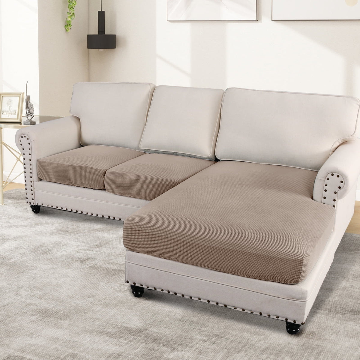 Turquoize 3-Piece Separate Slipcovers Textured Grid Stretch Non-Slip L Shape Sofa Seat Covers for Both Left/Right Sectional Couch (Seat Only: 1 Chaise + 2 Sofa,Dove）