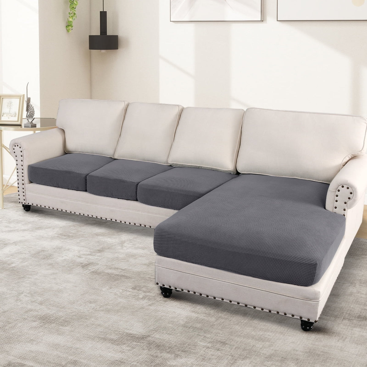 Turquoize 4-Piece Separate Slipcovers Textured Grid Polyester Blend Sectional Couch Sofa Covers for Left/Right L Shape Chaise Lounge Sofa,Taupe 3 Seater + 1 Chaise