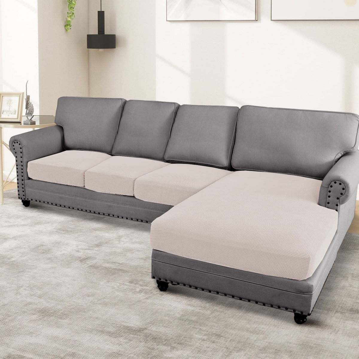 Turquoize 4-Piece Separate Slipcovers Textured Grid Polyester Blend Sectional Couch Sofa Covers for Left/Right L Shape Chaise Lounge Sofa,Taupe 3 Seater + 1 Chaise