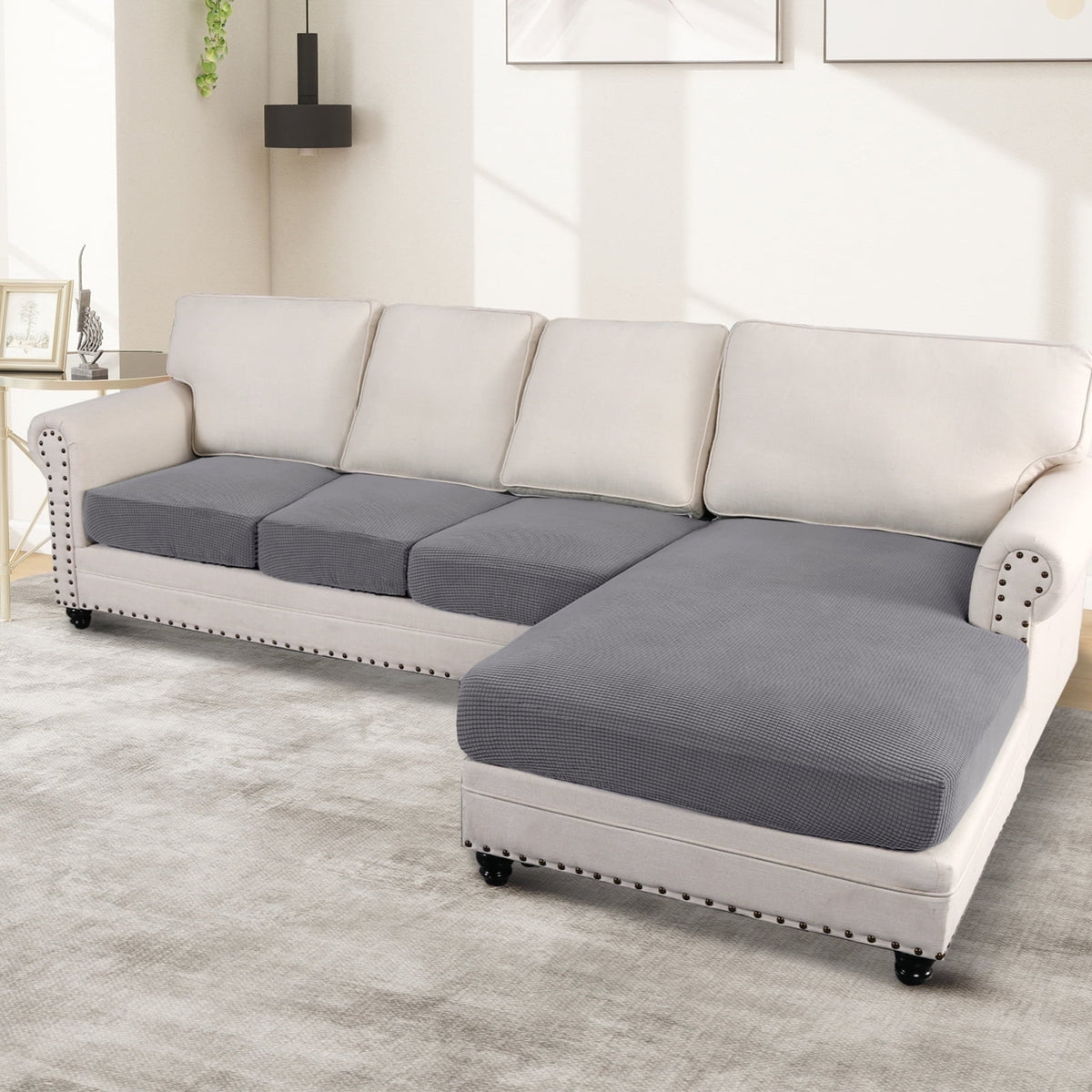 Turquoize 4-Piece Separate Slipcovers Textured Grid Polyester Blend Sectional Couch Sofa Covers for Left/Right L Shape Chaise Lounge Sofa,Taupe 3 Seater + 1 Chaise