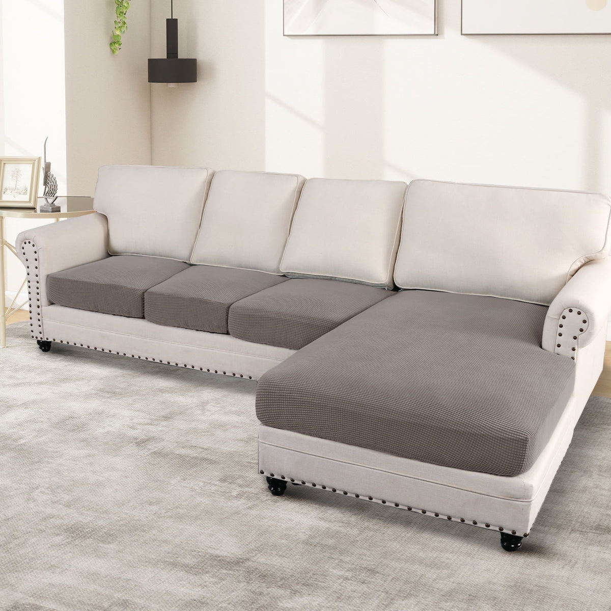 Turquoize 4-Piece Separate Slipcovers Textured Grid Polyester Blend Sectional Couch Sofa Covers for Left/Right L Shape Chaise Lounge Sofa,Taupe 3 Seater + 1 Chaise