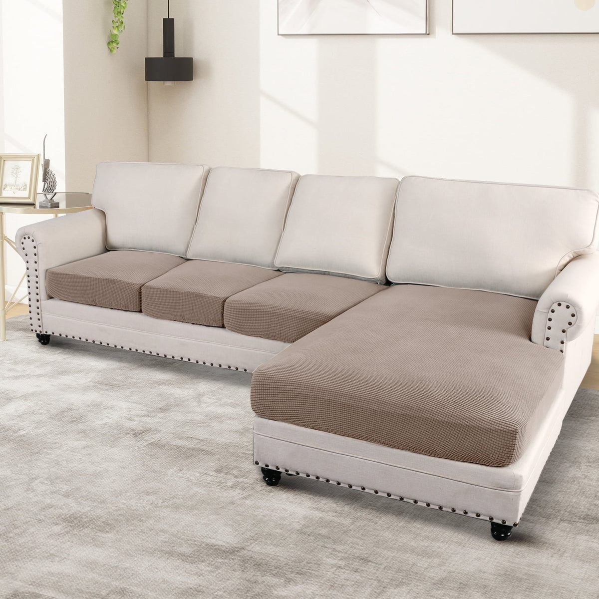 Turquoize 4-Piece Separate Slipcovers Textured Grid Polyester Blend Sectional Couch Sofa Covers for Left/Right L Shape Chaise Lounge Sofa,Taupe 3 Seater + 1 Chaise