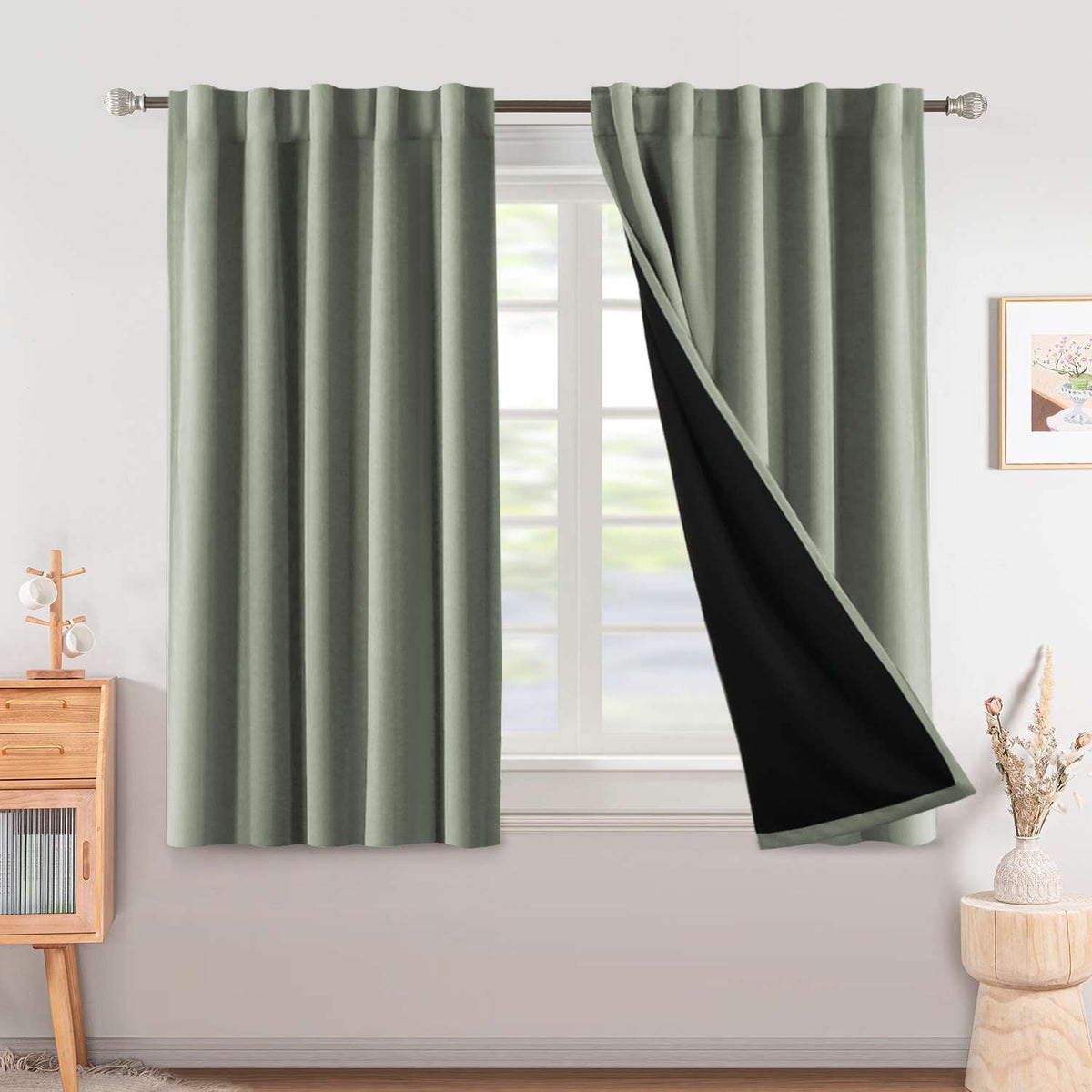 Turquoize Classic 100% Blackout Curtains, Sage Solid Print, 2 Panels, 42 x 63 In