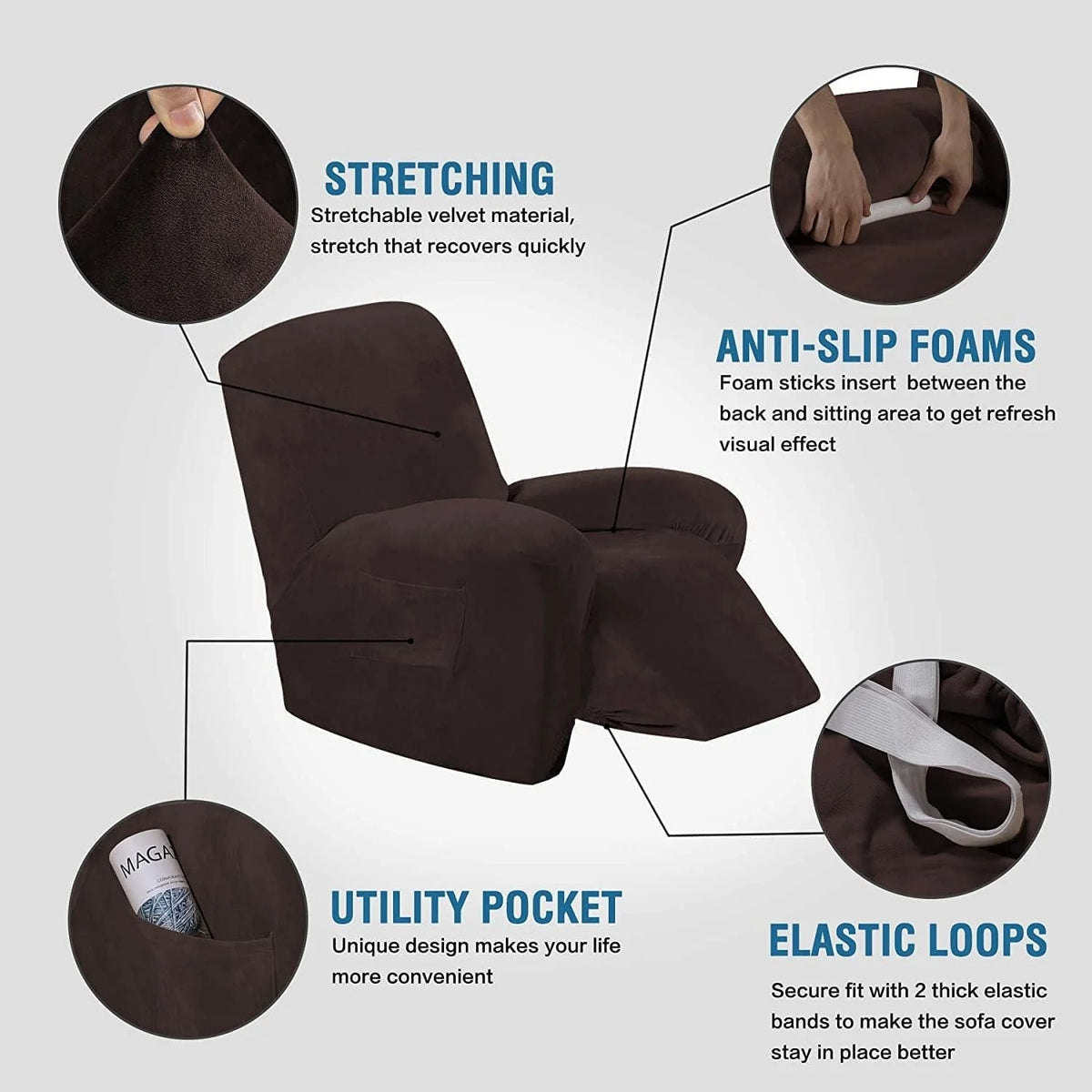 Velvet Plush Slip Covers for Recliners with Arms 1-Piece Stretch Recliner