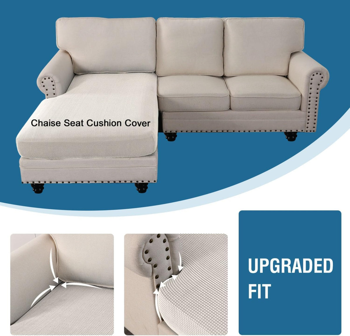 H.VERSAILTEX Sectional Couch Covers 1 Piece Chaise Slipcover L Shape Separate Cushion Couch Cover for Both Left/Right Sectional Couch (Seat Only: 1 Chaises, Ivory)