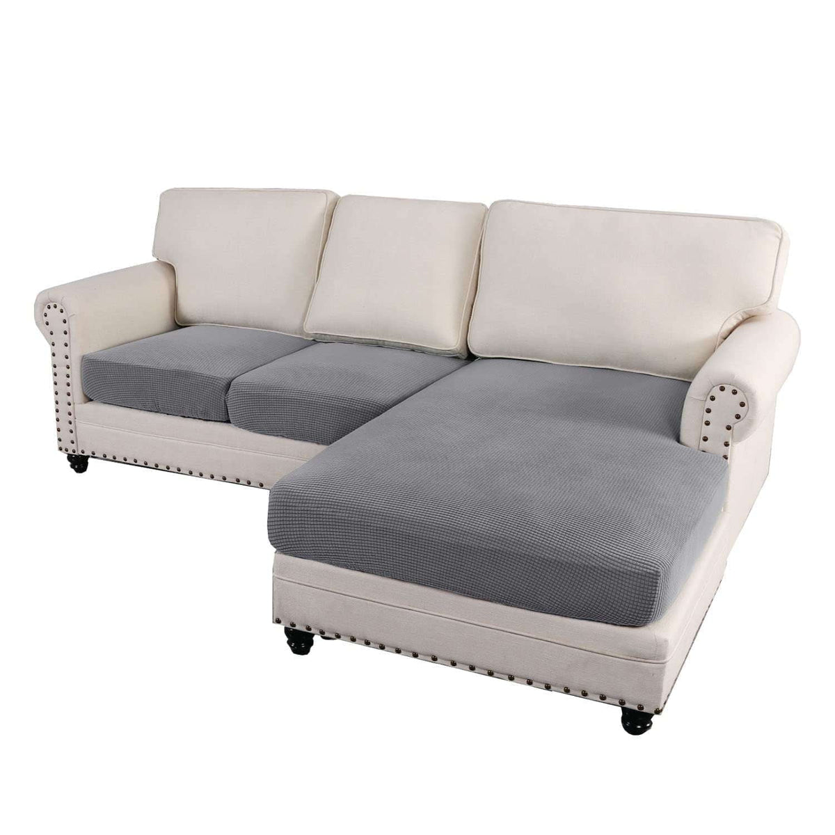 Turquoize 3-Piece Separate Slipcovers Textured Grid Stretch Non-Slip L Shape Sofa Seat Covers for Both Left/Right Sectional Couch (Seat Only: 1 Chaise + 2 Sofa,Dove）