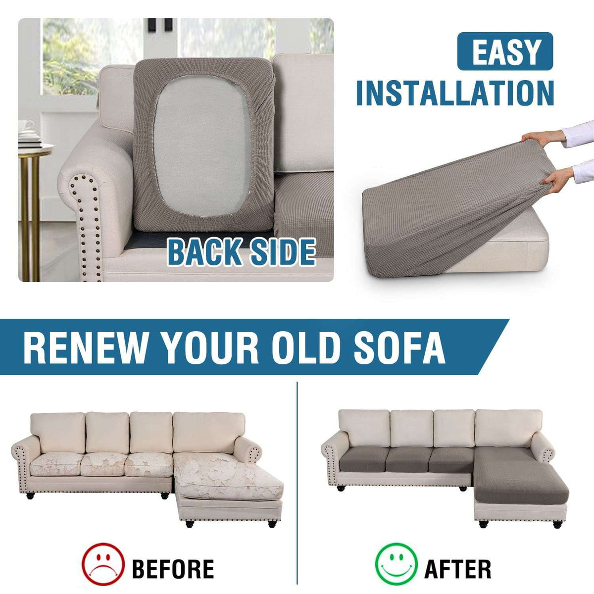 Turquoize 4-Piece Separate Slipcovers Textured Grid Polyester Blend Sectional Couch Sofa Covers for Left/Right L Shape Chaise Lounge Sofa,Taupe 3 Seater + 1 Chaise