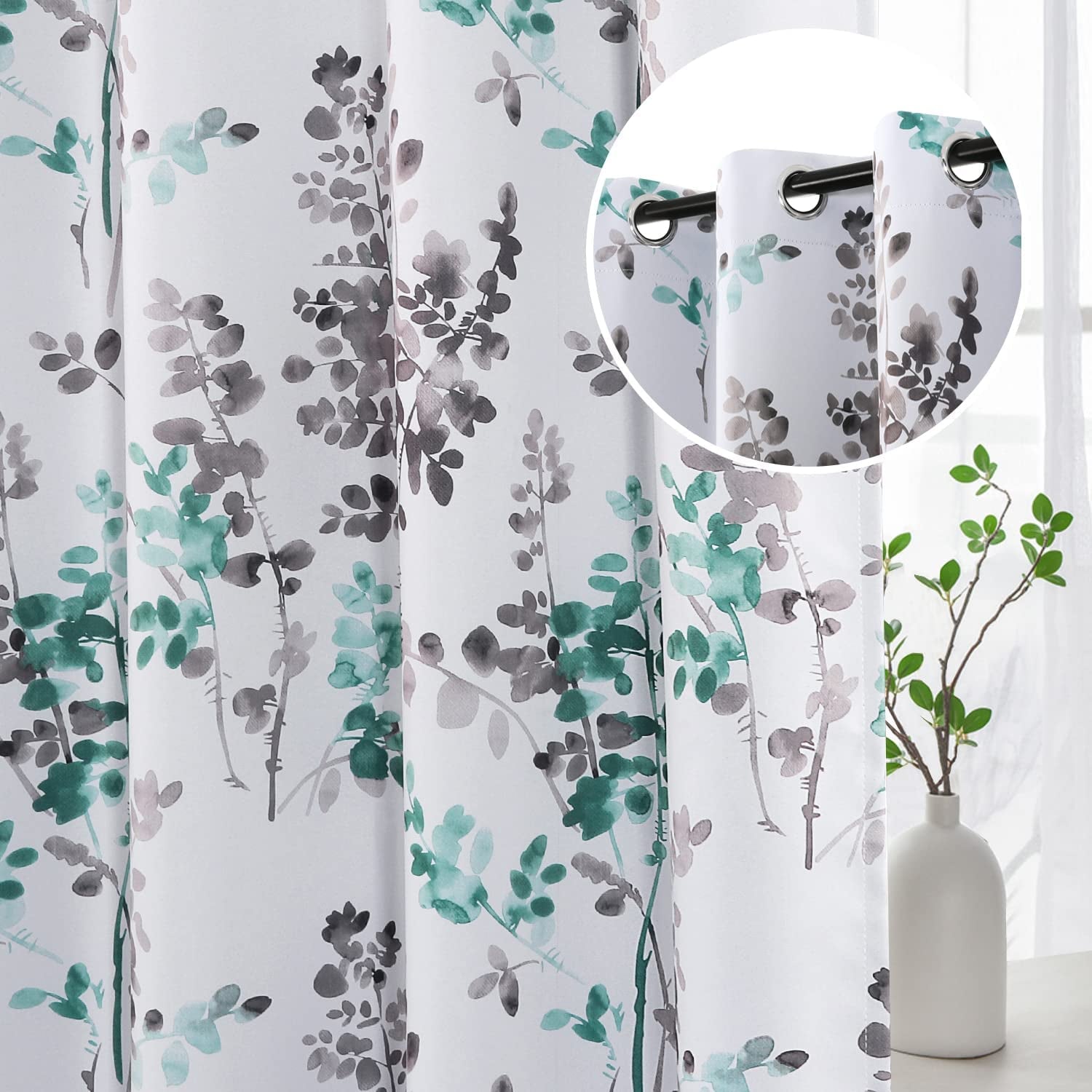 Blackout Curtains for Living Room Darkening Thermal Insulated Panels 84 Inch Long Light Blocking Grommet Curtains/Drapes, Bluestone and Taupe Vintage Classical Floral Printing, 2 Panels