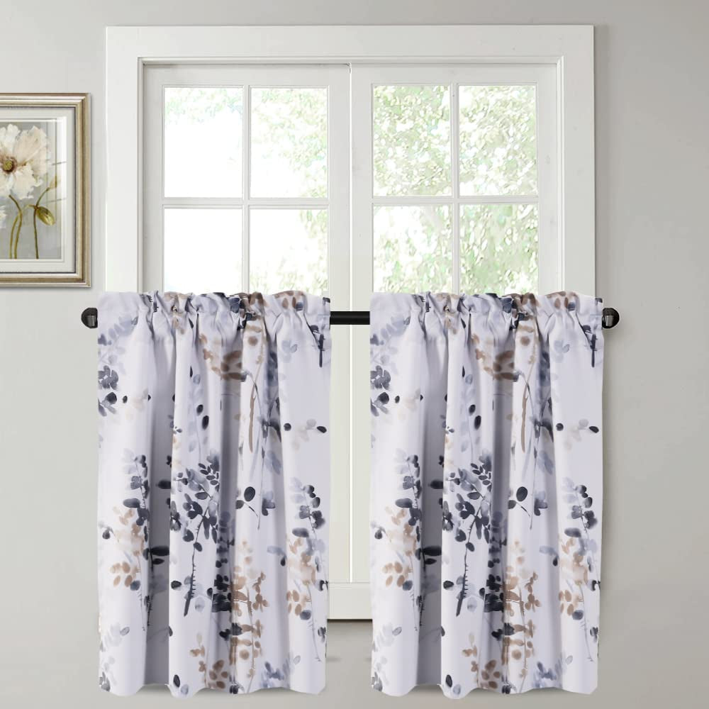 Blackout Tie up Curtain - Thermal Insulated Balloon Curtain for Small Window Adjustable Kitchen Tie up Curtain (Floral Pattern in Bluestone and Taupe, Rod Pocket Panel, 42 Inches W X 63 Inches L)