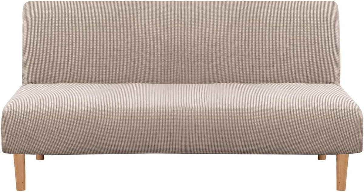 Armless Futon Cover Stretch Sofa Bed Slipcover Protector Elastic Feature Rich Textured High Spandex Small Checks Jacquard Fabric Futon Cover, Machine Washable, Natural