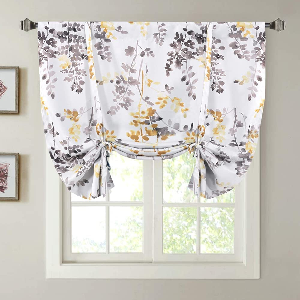 Blackout Tie up Curtain - Thermal Insulated Balloon Curtain for Small Window Adjustable Kitchen Tie up Curtain (Floral Pattern in Bluestone and Taupe, Rod Pocket Panel, 42 Inches W X 63 Inches L)