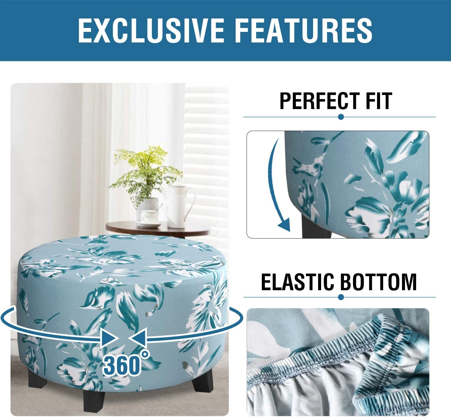 Super Stretch Ottoman Covers Slipcover round Ottoman Slipcover Folding Storage Stool Furniture Protector Feature Soft Thick Bouncy Modern Style with Elastic Bottom(Ottoman Medium, Aqua)