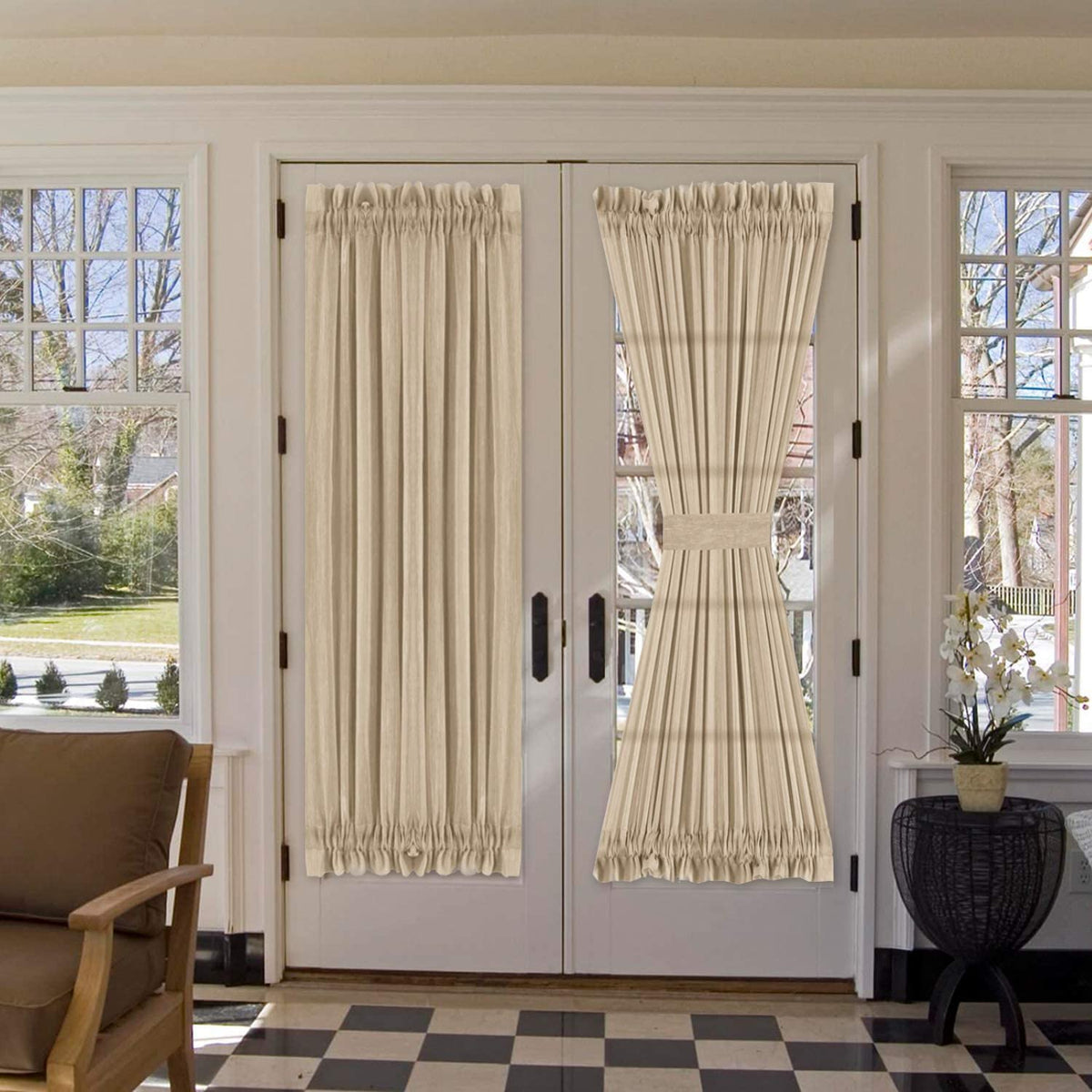 Linen French Door Curtains Privacy Light Reducing Door Curtain with Tieback | Rod Pocket Curtain 1 Panel for Glass Door Feature Open Weave Textured Linen - 52"X72" - Tan