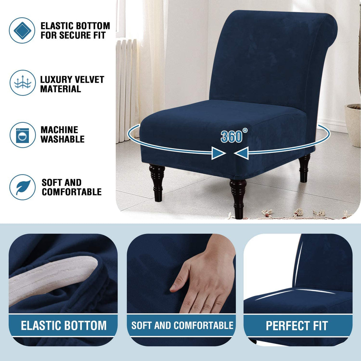 Velvet Accent Chair Covers High Stretch Armless Chair Covers for Living Room Luxury Thick Velvet Chair Slipcovers Modern Furniture Protector with Elastic Bottom, Machine Washable, Navy