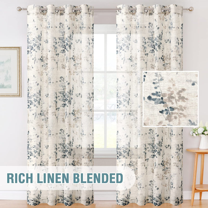 Sheer Linen Curtains 84 Inch Long Semi Sheer Curtains Draperies for Living Room/Bedroom Bluestone and Taupe Vintage Classical Floral Printing Window Treatment Grommet 2 Panels